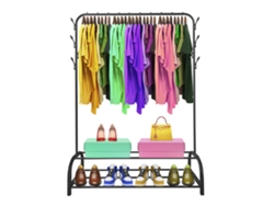 Perchero Burro Premium Rack 2 Stand NYANA Home 158x110x39cm, 1 barra para colgar, 8 ganchos laterales, 2 baldas inferiores Negro.