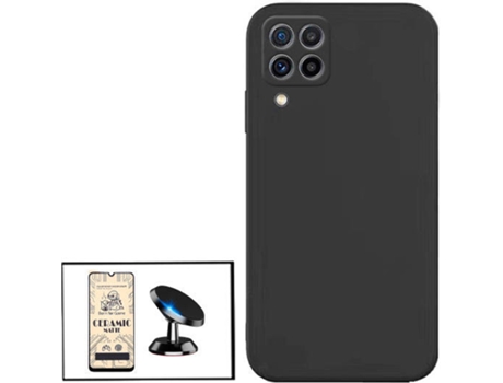 Kit Cristal Templado CeramicGlass Full Cover, Funda Silicona y Soporte Magnético de Coche Samsung Galaxy M22 PHONECARE Negro