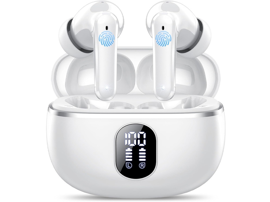 Auriculares Deportivos Blancos Con Bluetooth 5.4, 40 Horas De Autonomía, Pantalla Led, 4 Micrófonos Y Graves Profundos.