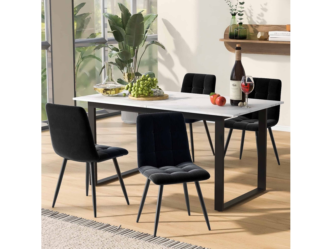 Conjunto Comedor + 140/180x80x75cm - Mesa Moderna + 4 Sillas, Mdf Blanco, Patas Negras, Sillas Terciopelo Negro