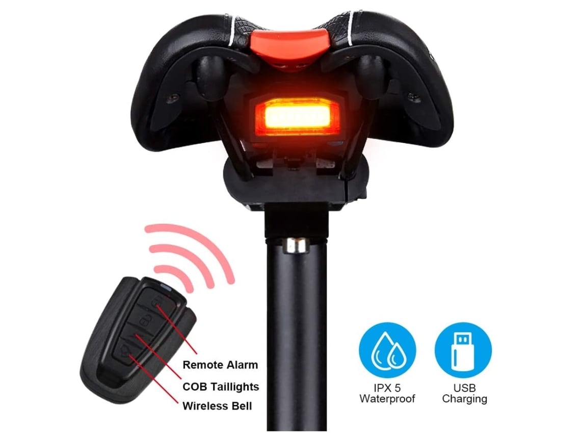 Luz trasera de bicicleta Alarma antirrobo Litio 700Mah Bocina de advertencia eléctrica Localizador de bicicletas con control remoto-ENZONS negros