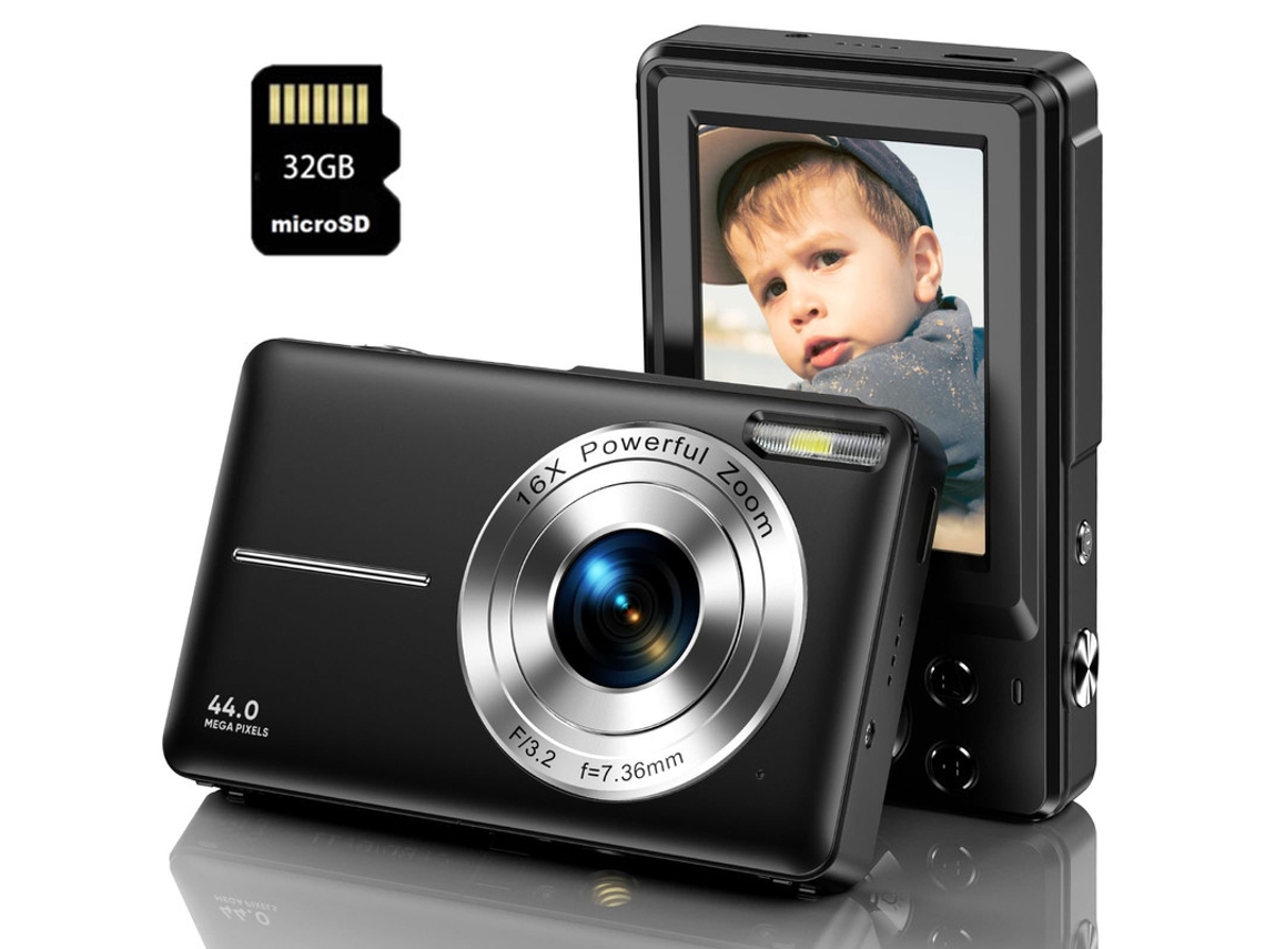 Cámara fotos digital compacta DC403 Nivel de entrada Regalo de cámara para niños FHD 44MP ZOOM 16X Pantalla de 2,4 pulgadas + 32GB - Negro SZSMART