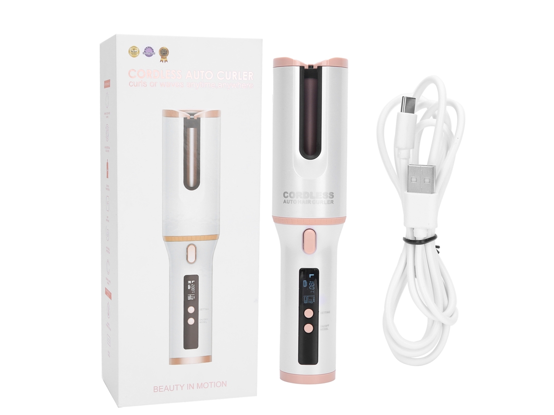 Plancha De Rizado De Cabello Automática Inalámbrica Recargable Usb Con Lcd, Color Blanco