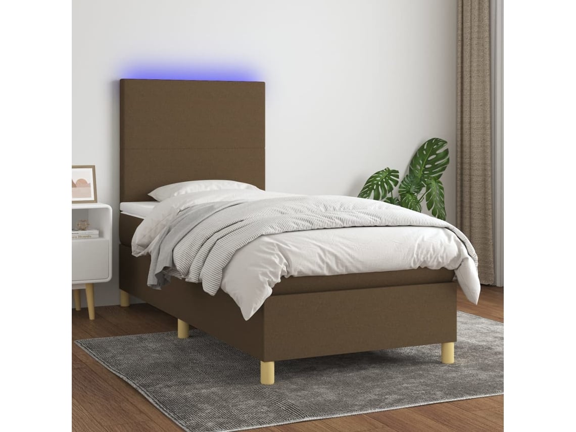 Cama Box Spring Colchón Luces Led Tela Marrón Oscuro 100x200cm