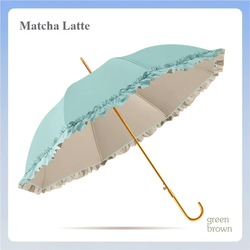 (matcha Latte 8k) Paraguas De Goma Colorido Con Encaje Y Protección Solar, Mango Recto Con Mango Curvo, Sombrilla Parasol