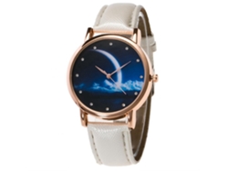 Reloj De Pulsera Con Strass Patrón Luna Nocturna Dial Cristal Correa De Cuero Pu Blanco