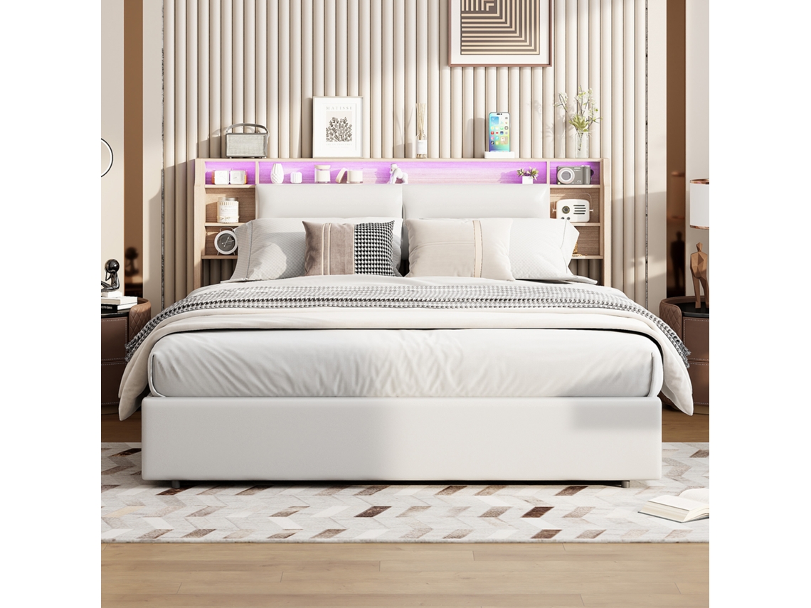 Cama Con Almacenaje 140x200 Cm, Hidráulica, Cama Matrimonial Con Cabecero Led Y Triple Estante, Almacenamiento Bajo Cama, Control App-blanco