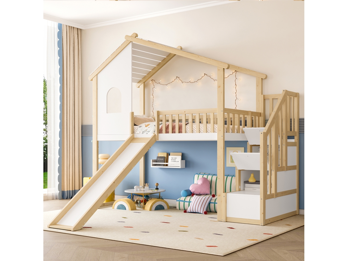 Litera Infantil De 90x200 Cm Con Escalera, Almacenamiento Y Tobogán, Casita De Madera Blanca.