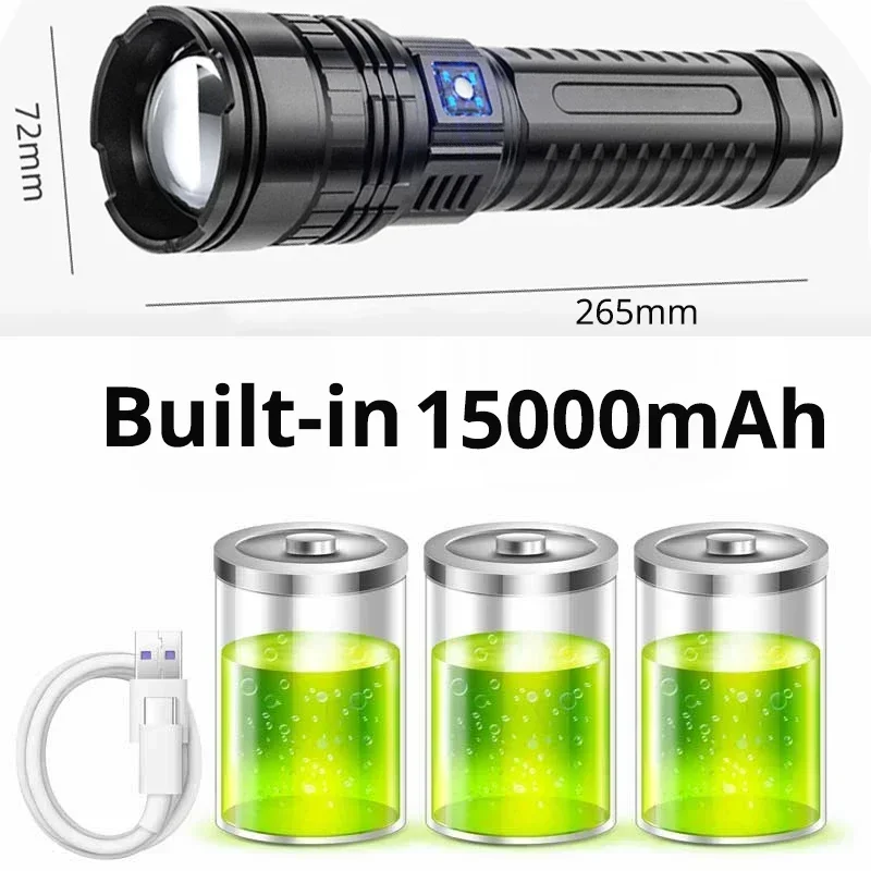 Linterna LED superbrillante, batería integrada de 15000 mAh, foco de emergencia para acampada con luz trasera.