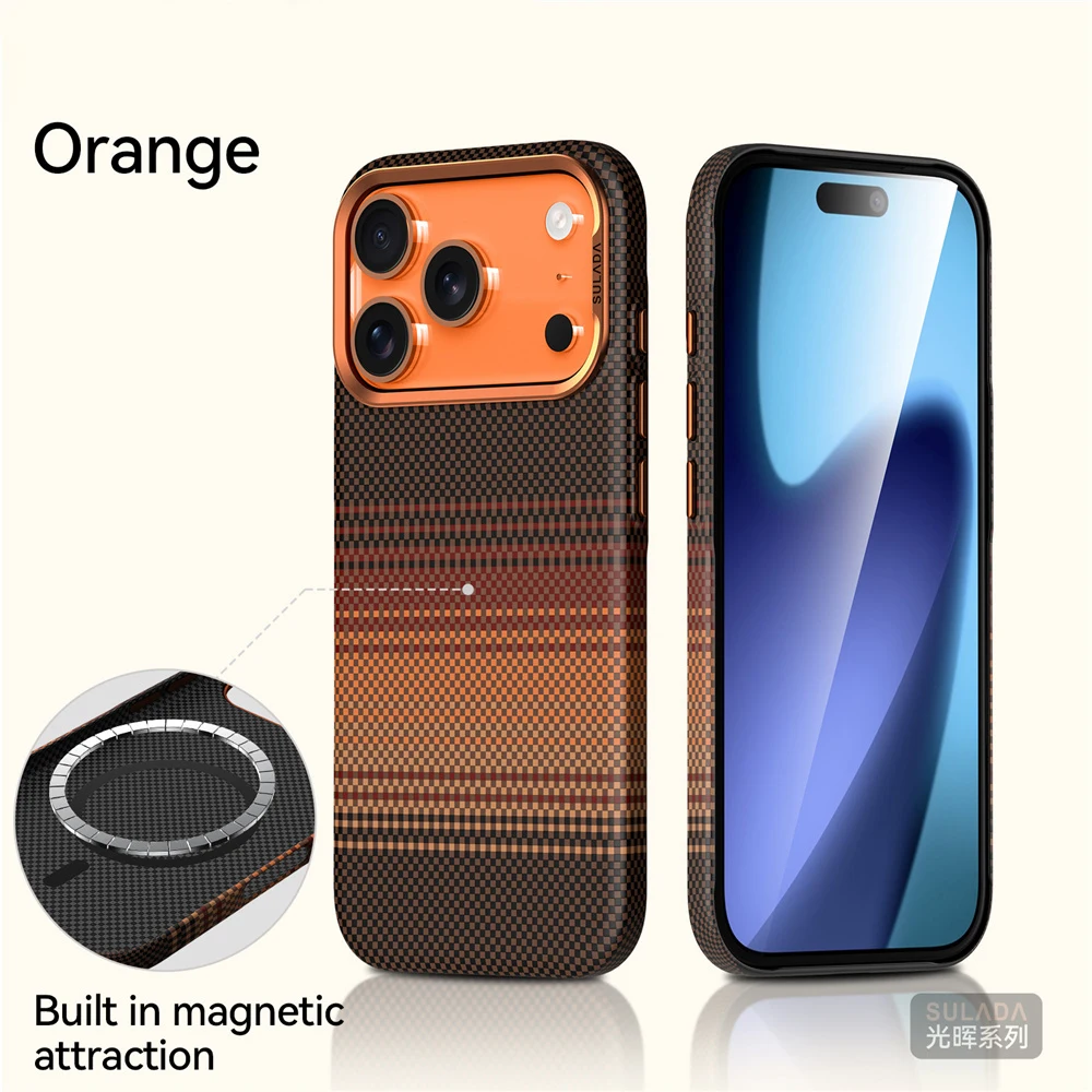 (naranja, Iphone 16 Pro Max) Funda Para Teléfono Con Textura De Fibra De Carbono, Compatible Con Carga Inalámbrica Magnética, Resistente A Golpes.