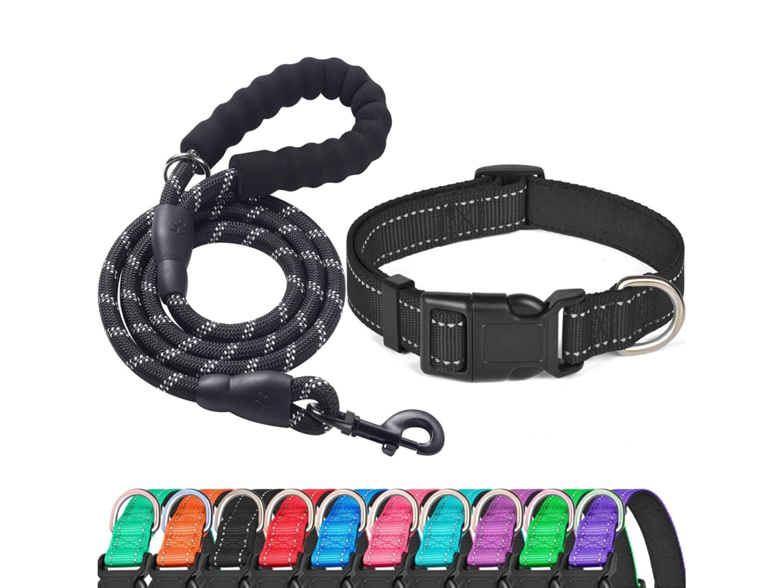 Conjunto Collar + Correa Negra Xl, Regulable, Reflectante, Compatible Con Perros Extra Grandes, Duradero Y Práctico