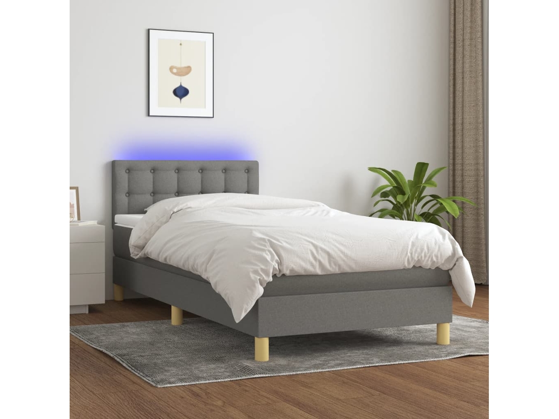 Cama Box Spring Con Colchón Y Led Tela Gris Oscuro 100x200 Cm