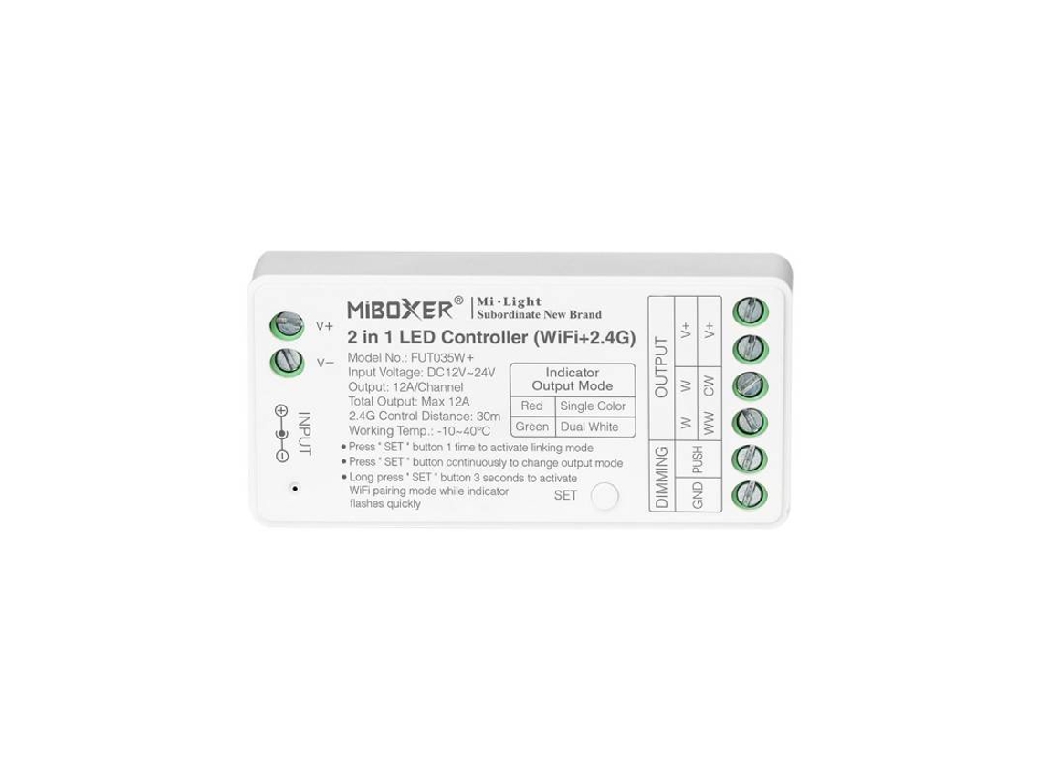 Controlador LEDBOX WiFi + 2.4G RF, DC12-24V, 12A, 2 en 1, mono + CCT