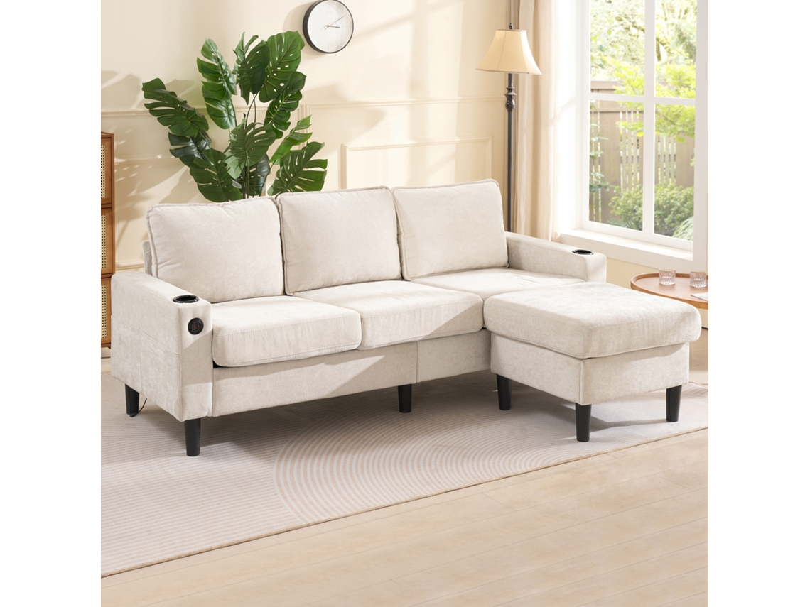 Sofá esquinero de 3 plazas con puerto USB, portavasos y respaldo ajustable, ideal para salón, sala de televisión o apartamento, color beige.