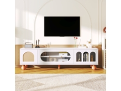 Mueble Para Tv Blanco Y Madera, 170x37x47 Cm, Puertas De Ratán, Puerta Corredera De Vidrio, 3 Arcos, Patas De Madera Maciza, Para Pantalla Grande