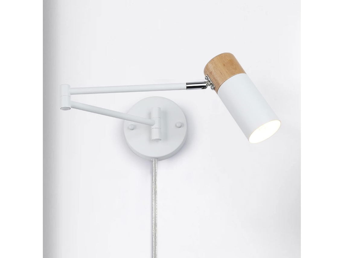 Lámpara de pared moderna con brazo articulado y cable de alimentación en madera y aluminio blanco, ideal para dormitorio, salón y oficina. Alpinaluz