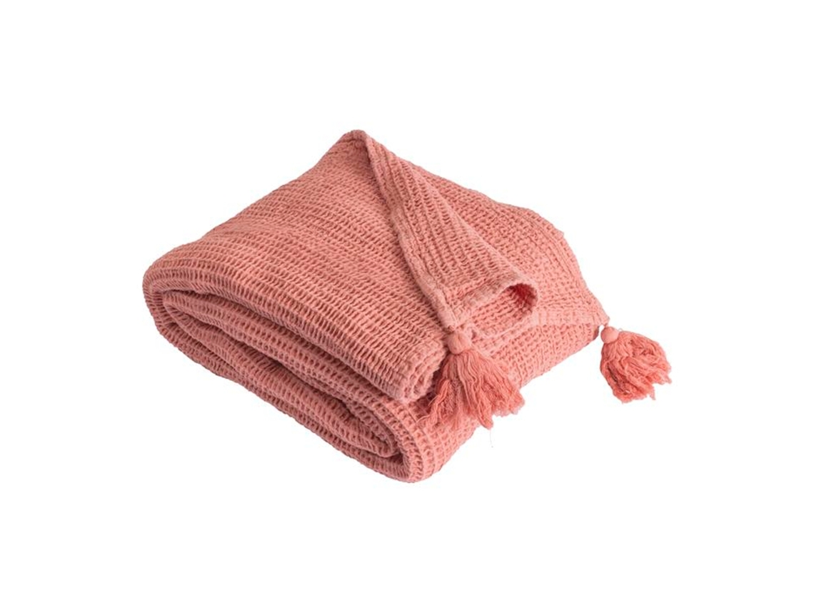 Manta Plaid 100% Algodón Rosa Salmón Borlas 130x170cm Arniska