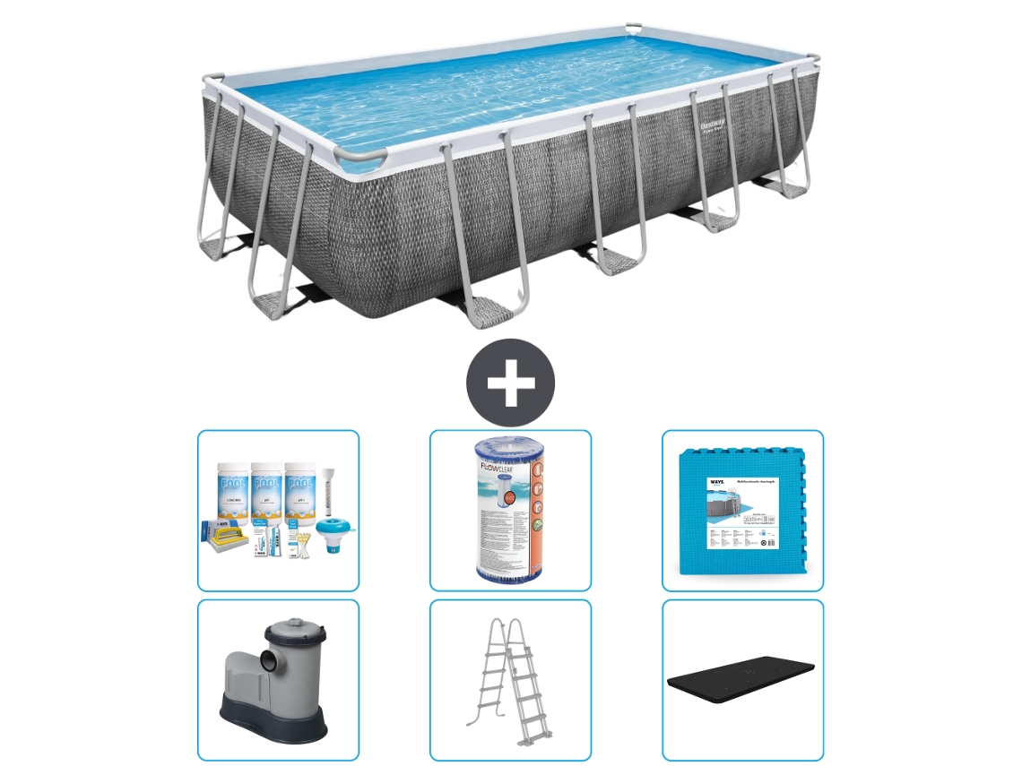 Piscina BESTWAY Rectangular Power Steel - Estampado Ratán - 549 x 274 x 122 - Incluye Bomba - Escalera - Cobertor Accesorios CB30