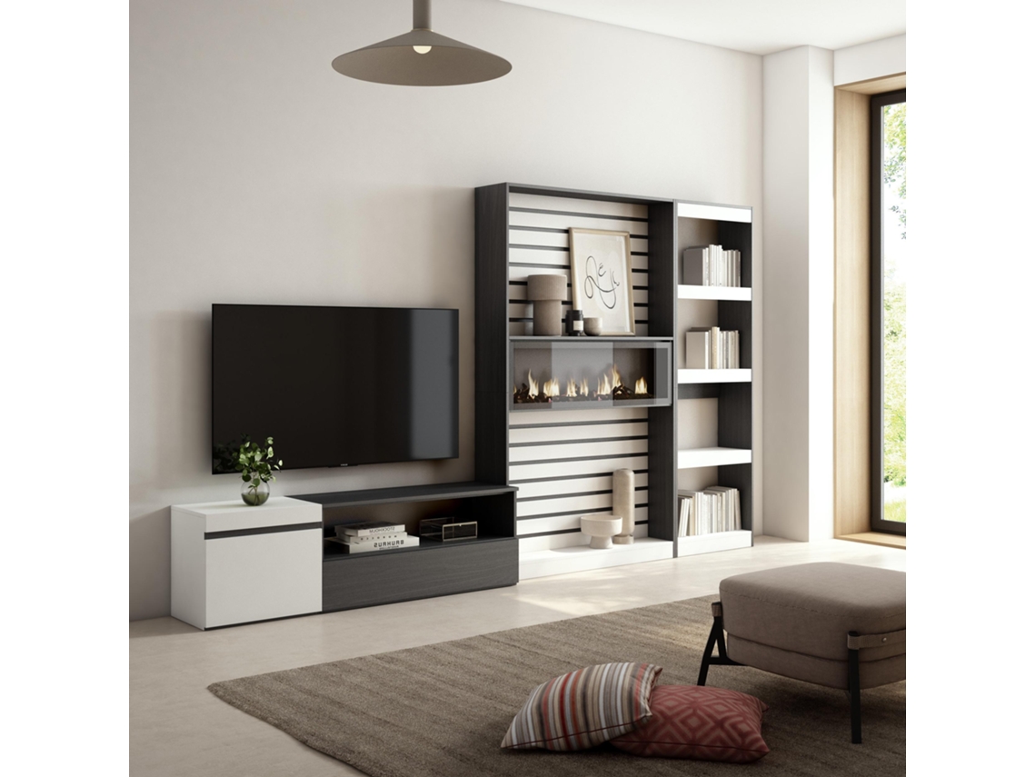 Muebles de Salón para TV 320x186x35cm Chimenea eléctrica Blanco y negro