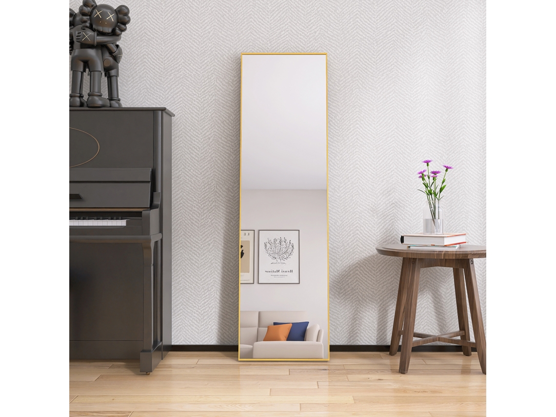 Espejo de cuerpo entero, 140x40 cm, de pared con cristal templado, marco de aluminio dorado y soporte ajustable, tocador decorativo.