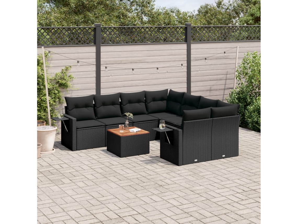 Conjunto de sofá de jardín de 9 piezas con cojines, ratán negro, Dkd Home Decor