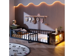 Cama Metálica 90x200 Cm Con Barandillas, Led, Almacenamiento Con Cerradura, Estructura Acero Negro, Colchón No Incluido.