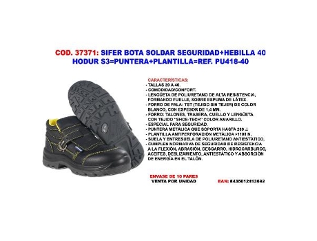 Sifer bota soldar seguridad+hebilla 40 hodur s3 punt+plant pu418