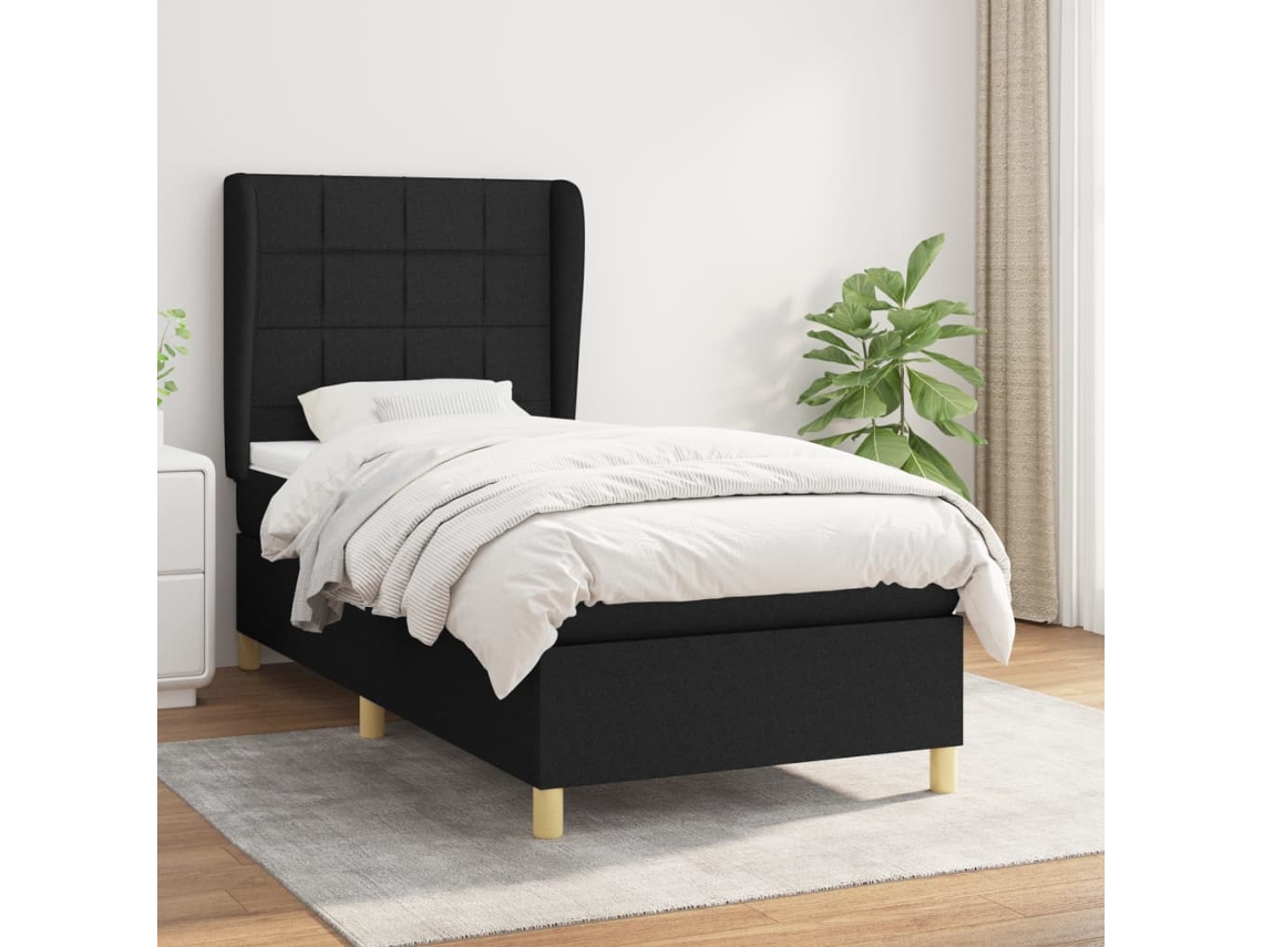 Cama con colchón de muelles y cabecero de tela negra (90x190 cm)