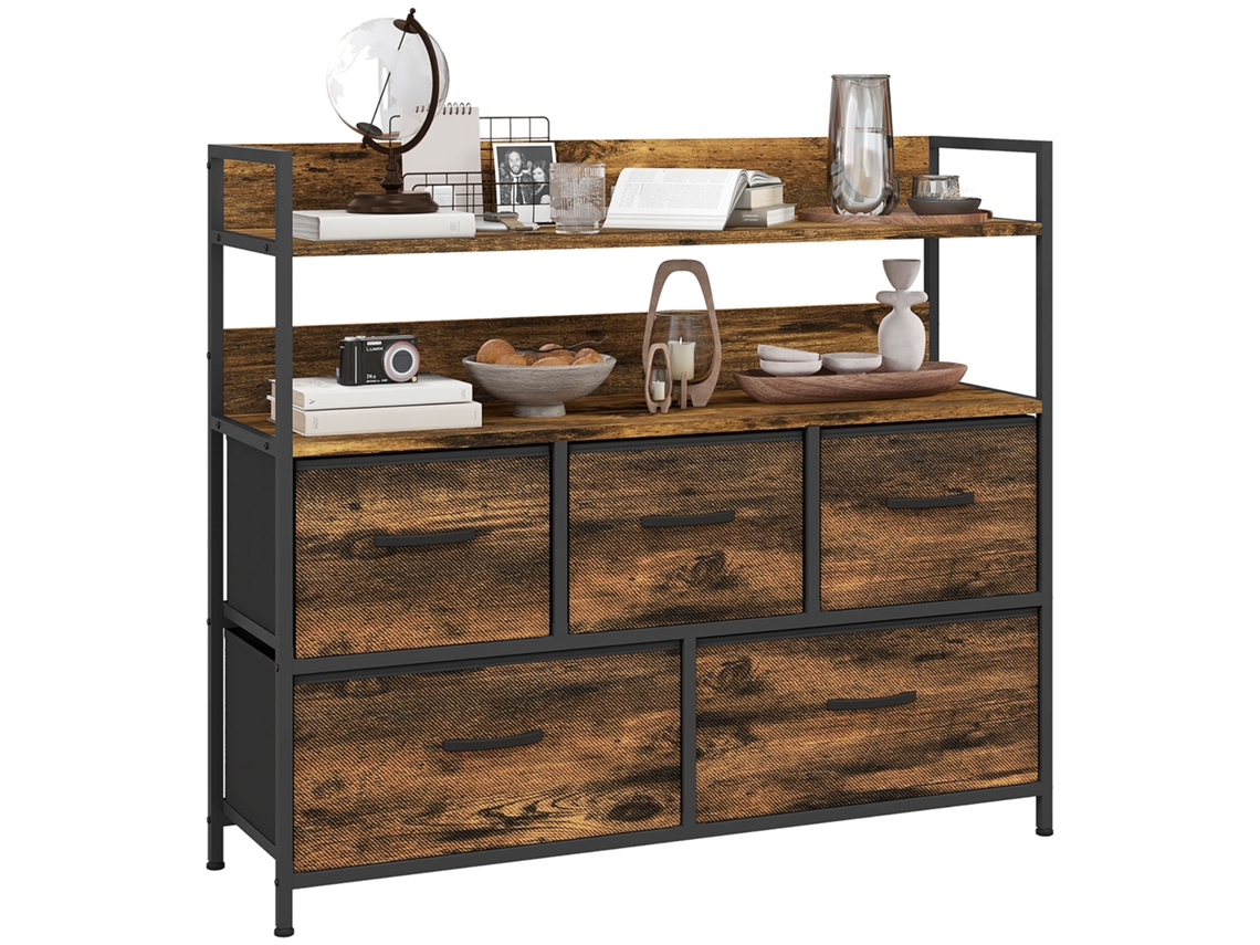 Cómoda, Mueble De Almacenamiento, 5 Cajones Y Estantes De Tela Plegables Y Extraíbles, 98 X 29 X 85 Cm, Marrón Rústico.