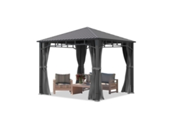 Pérgola de jardín de 3x3 m, techo de acero macizo, 4 cortinas gris oscuro, perfil de aprox. 9x9 cm.