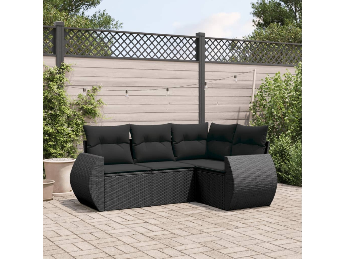 Conjunto de sofá de jardín de 4 piezas con cojines, mimbre sintético negro, Dkd Home Decor