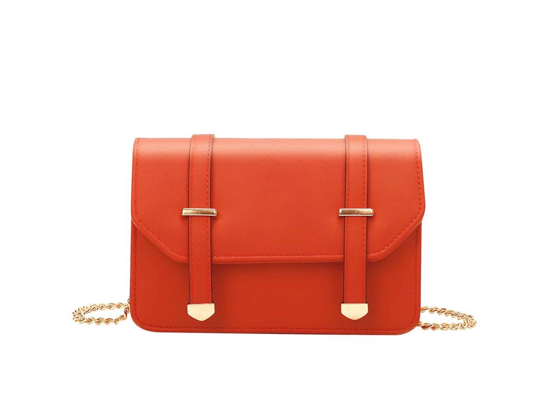 Bolso de hombro para mujer con cadena dorada y solapa con hebillas decorativas naranjas - GALLANTRY