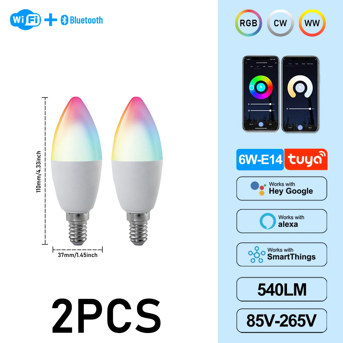 (2 Unidades, Ac85-265v) Bombillas Led Tipo Vela Graffiti De 6w C37 E14, Controladas Por Aplicación, Aptas Para Lámparas De Araña De Cristal.