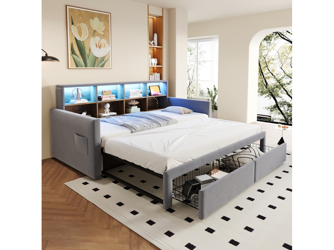 Cama Retráctil 90/180x190 Cm, Poltrona Cama Con Led, Usb, Cabecera Con Almacenaje, 2 Cajones, Terciopelo Gris Claro