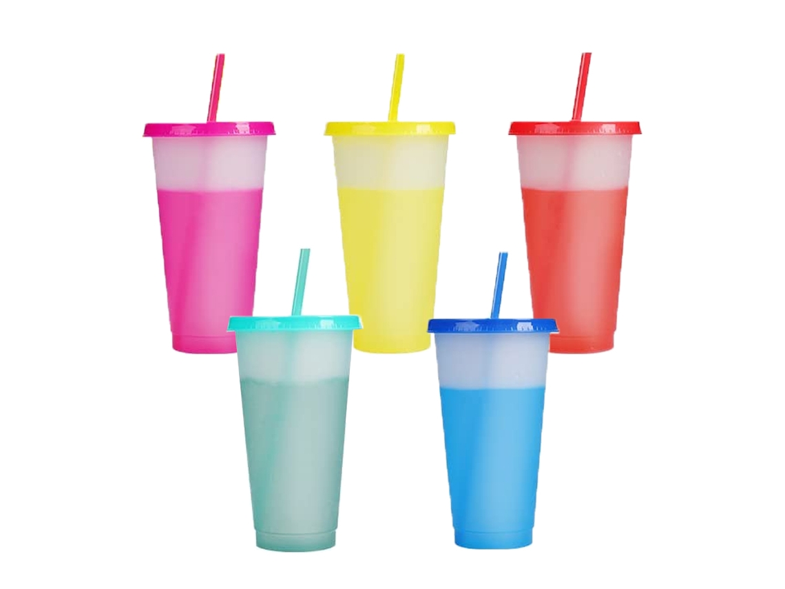 Set de 5 vasos que cambian de color de 710ml, reutilizables con tapa y pajita TRUYUETY