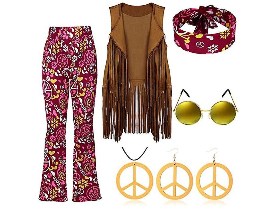 2026-traje Retro Hippie De Los 70s Con Chaleco De Flecos, Pantalones Y Bufanda Para Fiestas