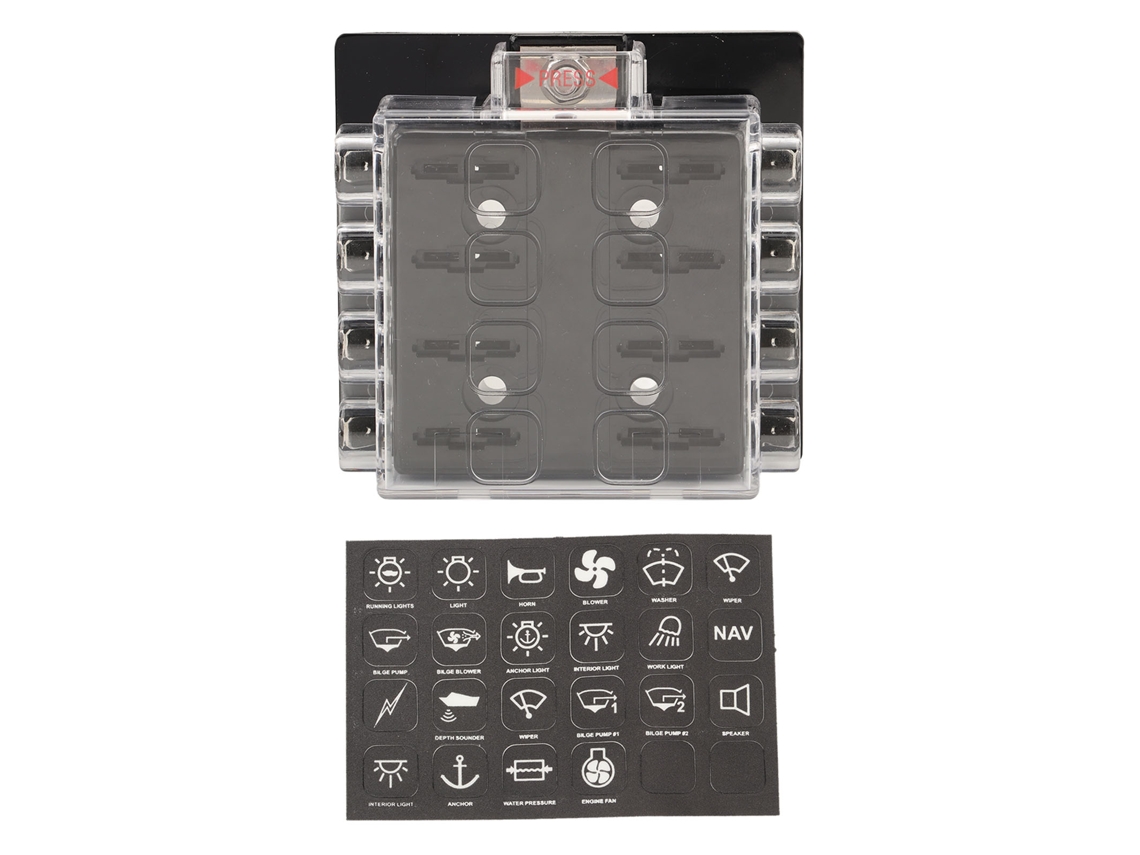 Caixa de Fusíveis de Lâmina ATC ATO para Barco, Veículo, Automóvel, RV, 12-36VDC, 8 Vias, Impermeável
