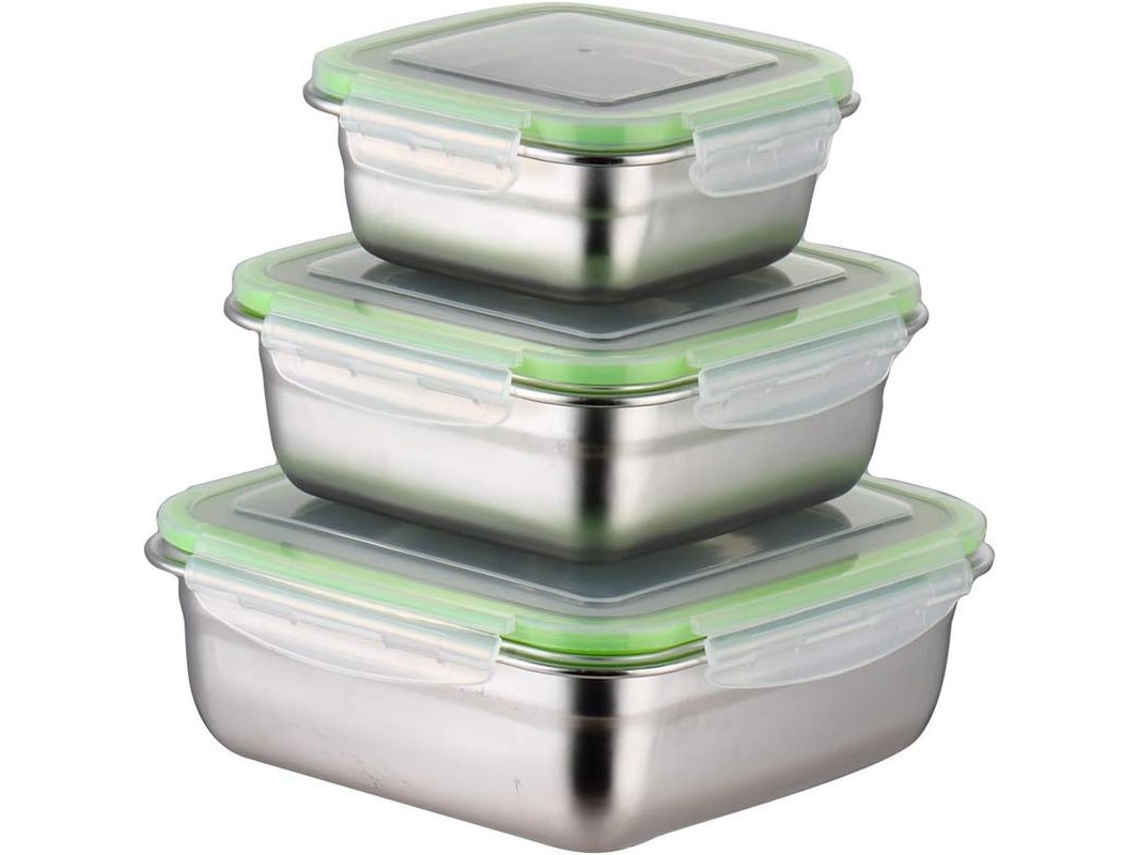 Rebe - Juego de 3 recipientes cuadrados para alimentos fabricados en acero inoxidable 304, ecológicos, reutilizables y a prueba de fugas.