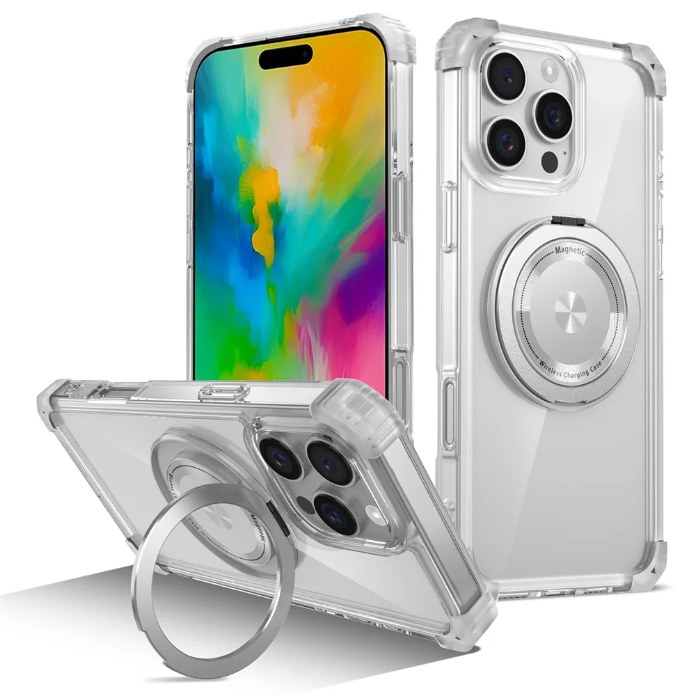 (transparente, Iphone 12) Funda Magnética Para Teléfono Con Carga Inalámbrica Y Soporte Giratorio Invisible Transparente.
