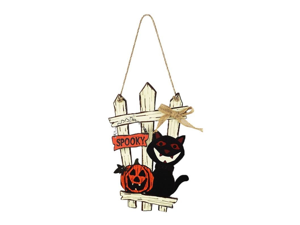Placa de Boas Vindas de Halloween com Gato Preto e Abóbora para Decoração de Porta e Varanda