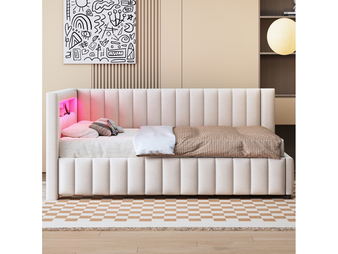 Cama Banqueta Tapizada En Terciopelo - 140x200 Cm - Con Iluminación Led Y Toma Usb - Beige (colchón No Incluido)