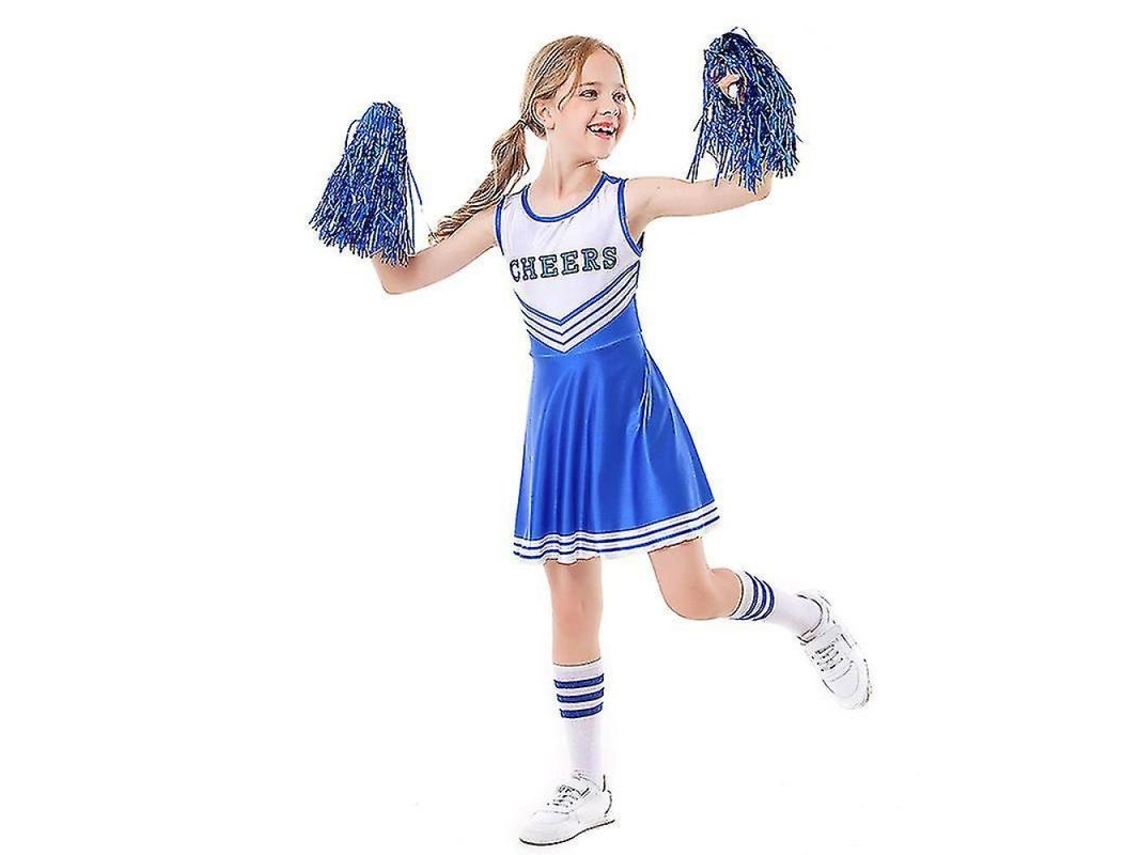 Traje De Cheerleader Para Niñas 3-10 Años Con Pompones, Azul, Bjs110cm, Poliéster, Para Juegos Deportivos Escolares 110cm Azul