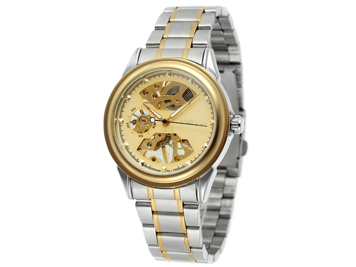 Reloj Mecánico Para Hombre, Resistente Al Agua Hasta 30 M, Diseño Calado, Esfera Dorada.