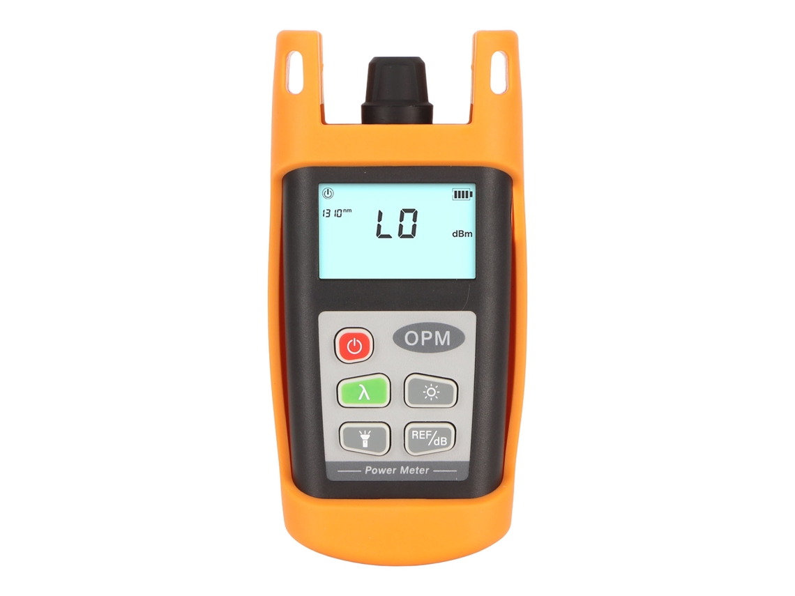 Medidor de potencia de fibra óptica Aetheria de 50 a +26 dBm con pantalla LCD retroiluminada y diseño a prueba de golpes.