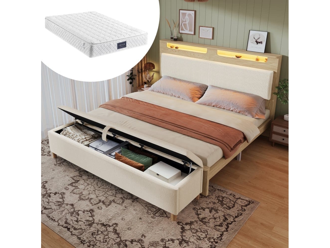 Cama Doble 160x200 Cm - Cabezal Con Almacenamiento, Iluminación Led, Respaldo De Cojín Beige, Con Banco De Almacenamiento - Madera Clara