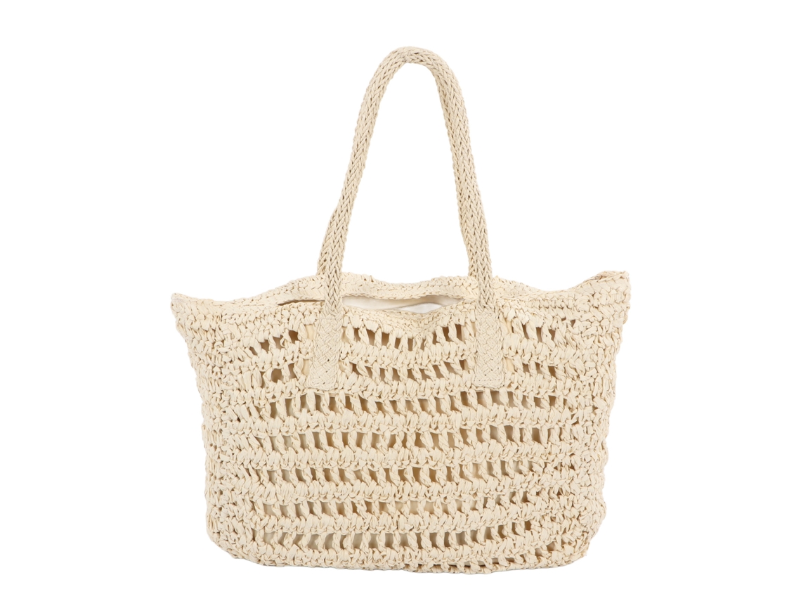 Bolsa De Palha Grande Tecida Vintage Alça Dupla Com Bolsa Interna Zipper Bege