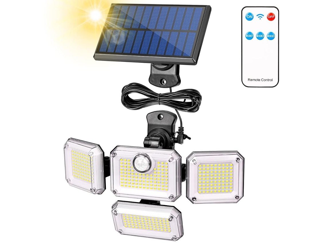 Foco Solar Para Exteriores, 333 Led/3 Modos Proyector Solar Led Impermeable, Ángulo De Iluminación De 240° Con Control Remoto, Cable De 5 M