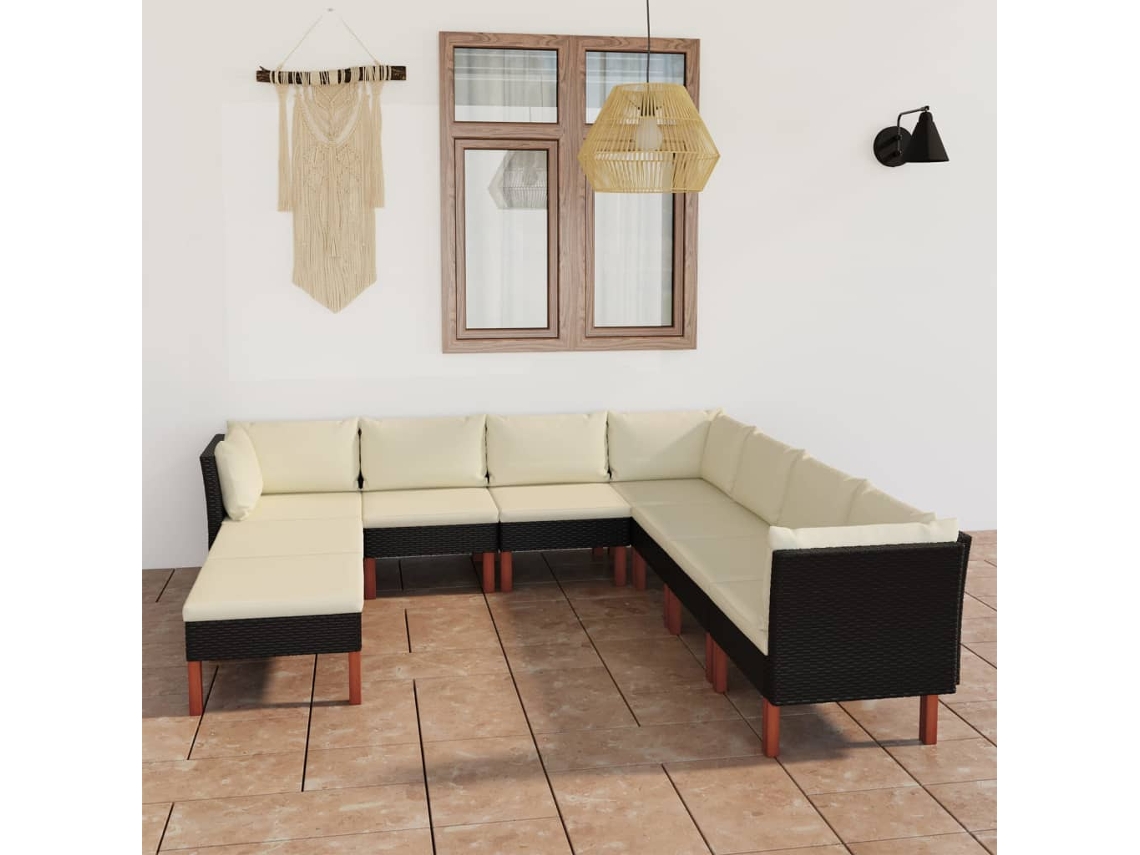 Conjunto de jardín de 9 piezas con cojines, mimbre sintético negro, DKD Home Decor