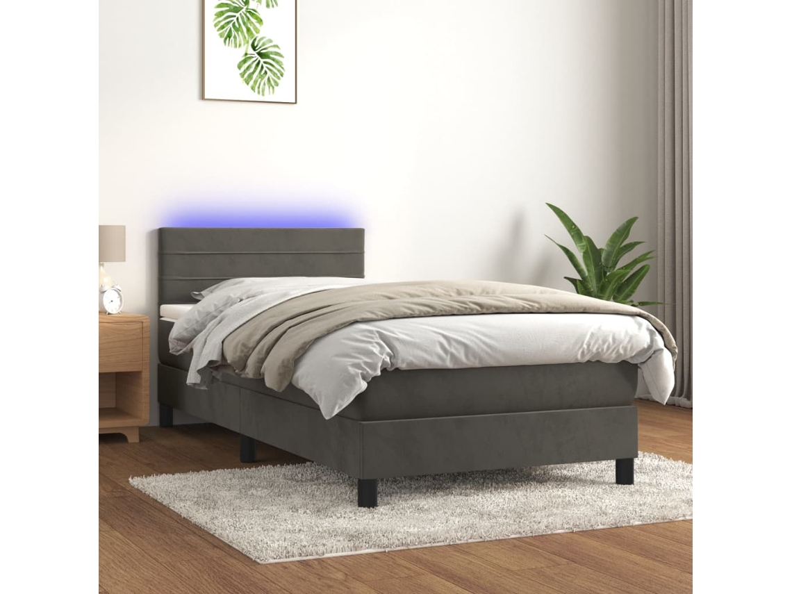 Cama Box Spring Colchón Y Led Terciopelo Gris Oscuro 90x190 Cm