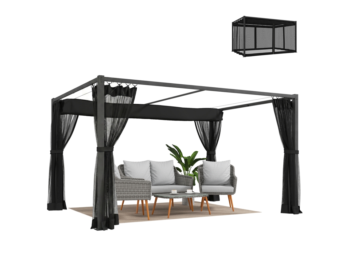 Pérgola de jardín de 3x4 m con techo retráctil, protección UPF30+, malla para exteriores, color gris, PMM CAPITALI